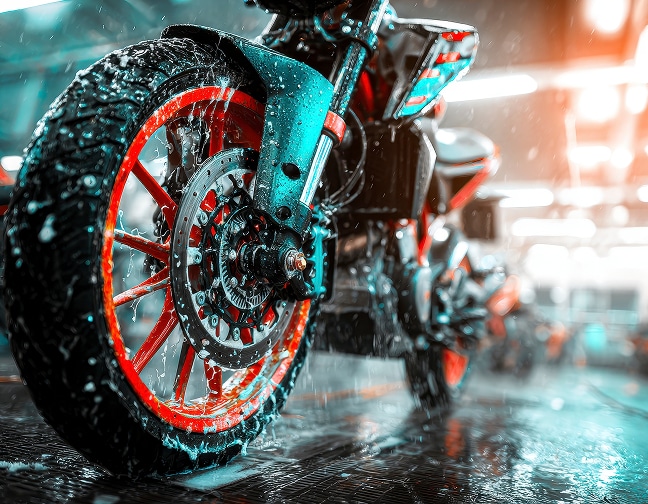 Lavage moto : Gros plan roue avant sportive Gros plan sur la roue avant d'une moto sportive rouge et noire sous la pluie ou pendant un lavage, avec des gouttes d'eau et de mousse.